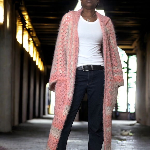 Olivia Open Front Hooded Crochet Long Cardigan Sweater w/Pockets fits up to XL